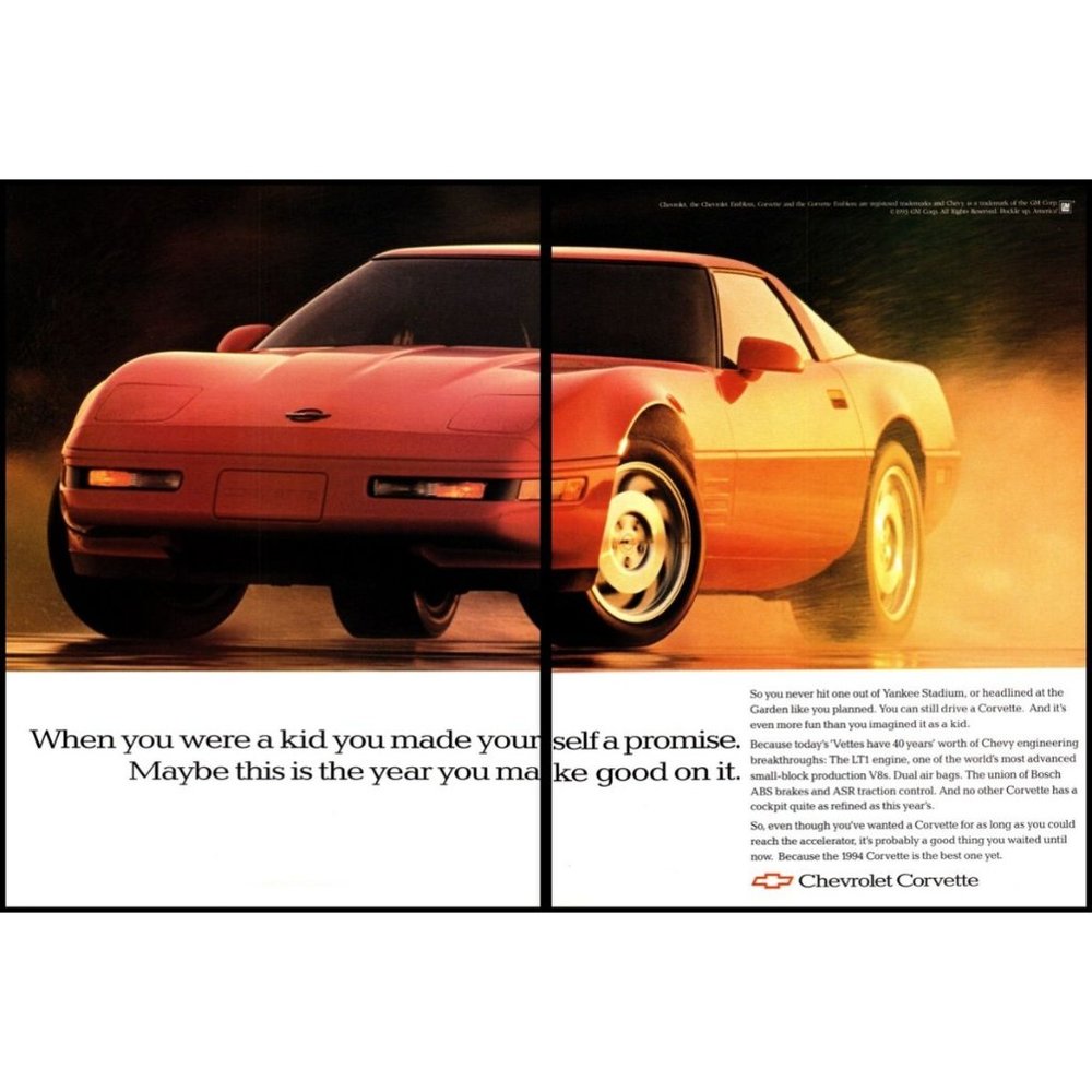1994 Chevy Corvette Coupe Hardtop 2 Page Vintage Print Ad Rain Wet Road Wall Art
